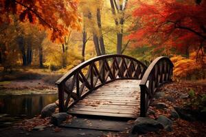 AI generated Rustic wooden bridge in an autumn park. Generative AI photo