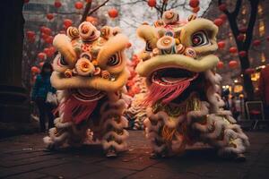 AI generated Lion dance performers wearing elaborate costumes. Generative AI photo