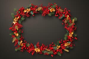 AI generated Festive christmas wreath adorned with red berries and golden bells. Generative AI photo