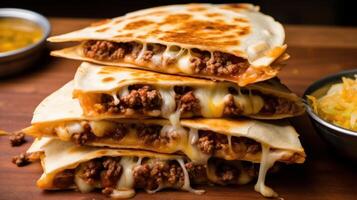 ai generado grasiento y satisfactorio carne de vaca y queso Quesadilla con Derretido queso, sazonado carne de res, y tortillas. generativo ai foto