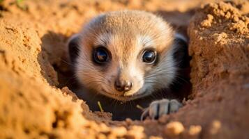 ai generado un bebé suricata asoma fuera de un agujero. generativo ai foto