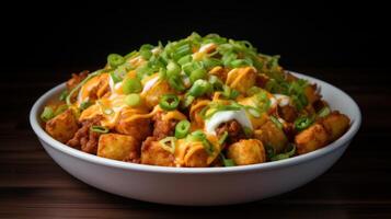 AI generated Irresistible and greasy loaded chili cheese tots. Generative AI photo