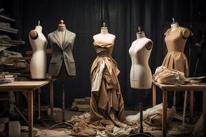 AI generated A tailor's mannequin draped with unfinished clothing designs. Generative AI photo