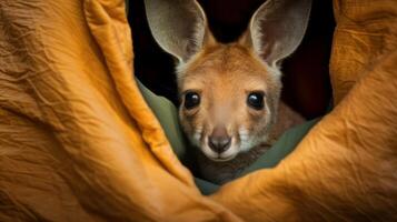 AI generated A baby kangaroo peeks out of a blanket. Generative AI photo