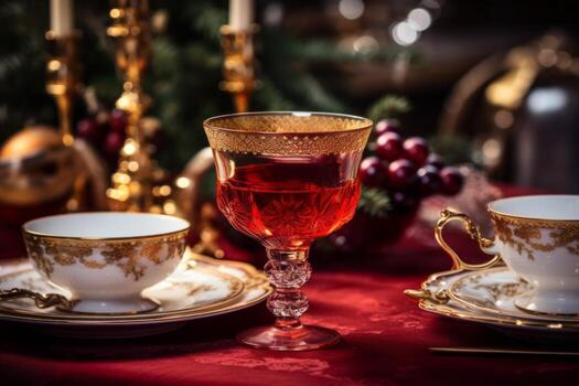 ai generado mesa coronado con dos tazas y platillos generativo ai foto