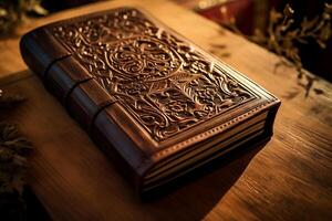 AI generated Old Bible with intricate leather embossing. Generative AI photo