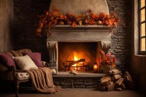 AI generated Cozy fireplace with autumn decorations. Generative AI photo