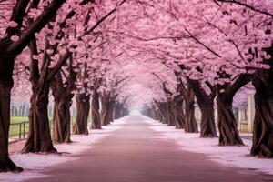 AI generated A road surrounded by blooming cherry blossom trees, a symbol of spring. Generative AI photo