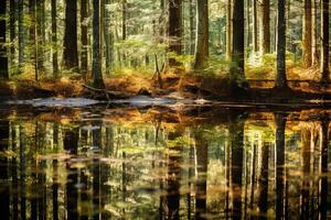 AI generated The reflection of a forest in a glassy pond. Generative AI photo