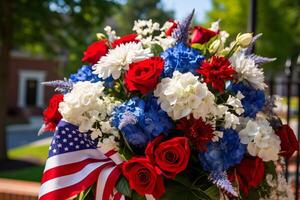 AI generated A Patriot Day memorial adorned with red, white, and blue flowers. Generative AI photo