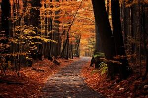 ai generado otoño hojas en un aislado bosque camino. generativo ai foto