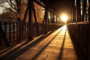 AI generated Sunlight casting long shadows on a bridge. Generative AI photo