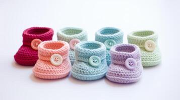 AI generated Crocheted baby booties with cute button accents. Generative AI photo