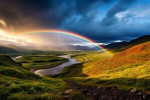 AI generated Vibrant rainbow arcing over a scenic landscape after a rain shower. Generative AI photo