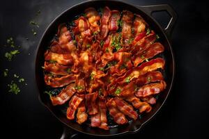 AI generated Overhead shot of a skillet filled with sizzling bacon. Generative AI photo