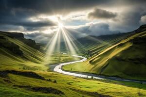 AI generated Sunbeams breaking through the clouds and illuminating a lush valley. Generative AI photo