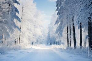 ai generado un la carretera mediante un cubierto de nieve bosque, exhibiendo de invierno magia. generativo ai foto