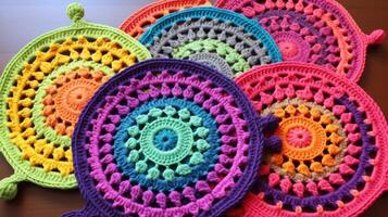 AI generated Crocheted potholders in bright colors. Generative AI photo