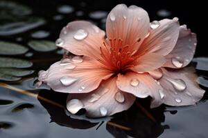 ai generado un cerca arriba reflexión de un lluvia mojado flor pétalo en un gris día. generativo ai foto