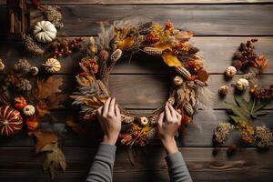 AI generated Person's hands crafting a fall wreath with leaves, acorns, and other natural elements, adding seasonal flair to doorways. Generative AI photo