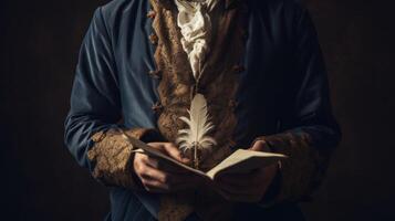 AI generated A person dressed as a poet, holding a vintage quill pen and parchment. Generative AI photo