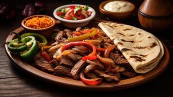 AI generated Greasy and flavorful beef fajitas with tender strips of meat. Generative AI photo