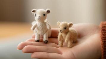 AI generated Hands needle felting cute animal figures from yarn. Generative AI photo