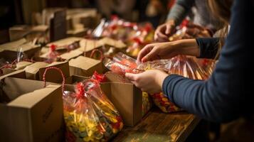 AI generated Close-up of hands assembling care packages. Generative AI photo