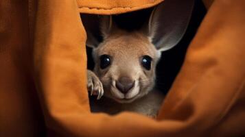 AI generated A baby kangaroo peeks out from behind a blanket. Generative AI photo