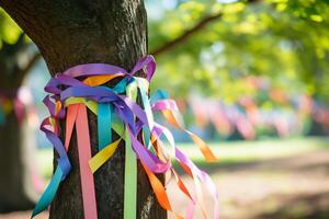 AI generated A person tying colorful ribbons with uplifting messages to a tree, creating a visual display of encouragement. Generative AI photo