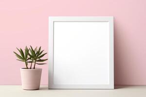 AI generated Potted plant next to a white frame on a pink wall. Generative AI photo