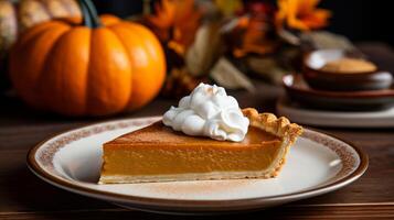 AI generated Pumpkin pie with a golden crust and a dollop of whipped cream. Generative AI photo