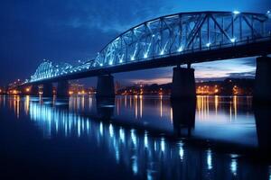 ai generado un puente iluminado por suave azul hora luces. generativo ai foto