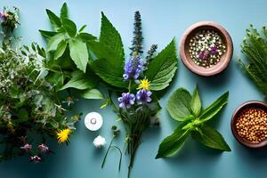 AI generated Herbal and Medical Plants are arranged on a Wooden Table photo