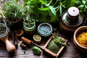 AI generated Herbal and Medical Plants are arranged on a Wooden Table photo