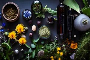 AI generated Herbal and Medical Plants are arranged on a Wooden Table photo