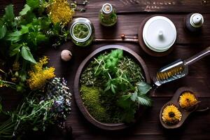 ai generado herbario y médico plantas son arreglado en un de madera mesa foto