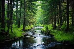 AI generated Gentle creek winding through a serene forest landscape. Generative AI photo