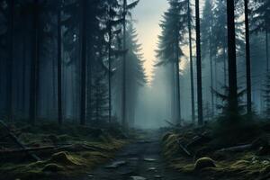 AI generated A calm, misty forest during early morning hours. Generative AI photo