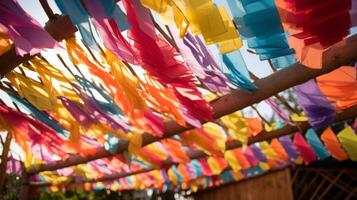 AI generated A close-up of a roof adorned with colorful fabric. Generative AI photo