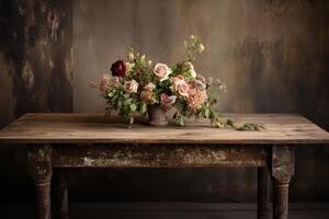 AI generated A rustic wooden table adorned with fresh flowers. Generative AI photo