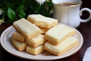 AI generated A plate of buttery shortbread cookies with icing. Generative AI photo