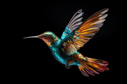 AI generated A detailed shot of a hummingbird in mid-flight, frozen in time. Generative AI photo