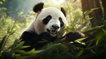 AI generated A panda bear sitting on top of a lush green forest. Generative AI photo
