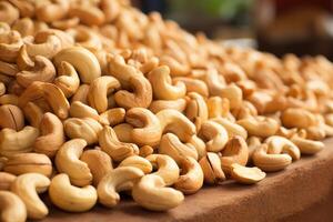 AI generated Close up of cashew nuts in a farmer's market display. Generative AI photo