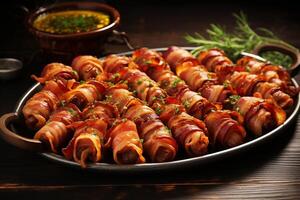 AI generated Bacon wrapped appetizers served on a stylish platter. Generative AI photo