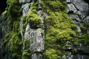 AI generated A close-up of a weathered stone wall with moss and lichen. Generative AI photo