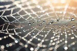 AI generated An extreme close-up of a dew-covered spiderweb glistening in the sun. Generative AI photo