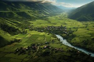 AI generated Aerial perspective of a remote village in a lush, green valley. Generative AI photo