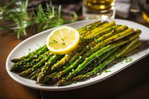 AI generated A plate of roasted asparagus with lemon zest. Generative AI photo